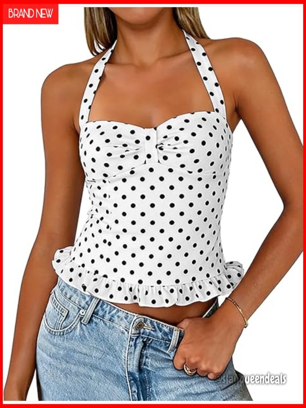 Polka Dot Halter Top Sleeveless Backless Ruffle Hem Crop Tank Summer